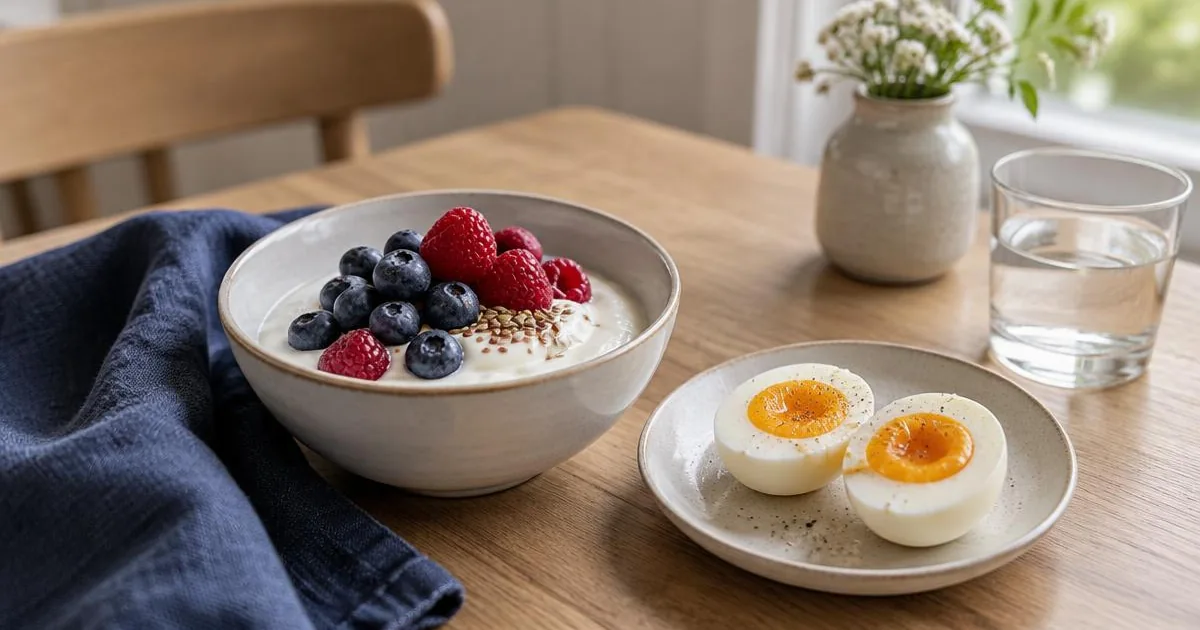 Liten proteinrik måltid med kvarg, bär och ägg