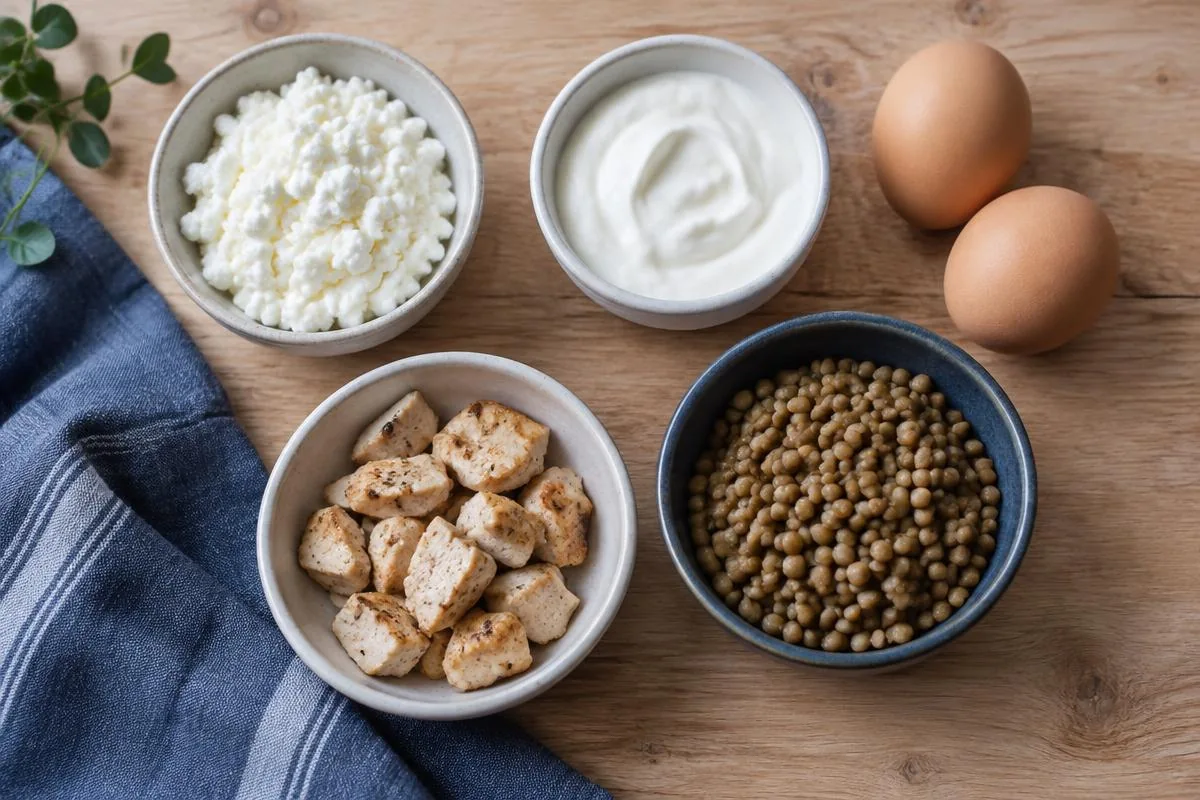 Proteinrika livsmedel: keso, kvarg, ägg, kyckling och linser