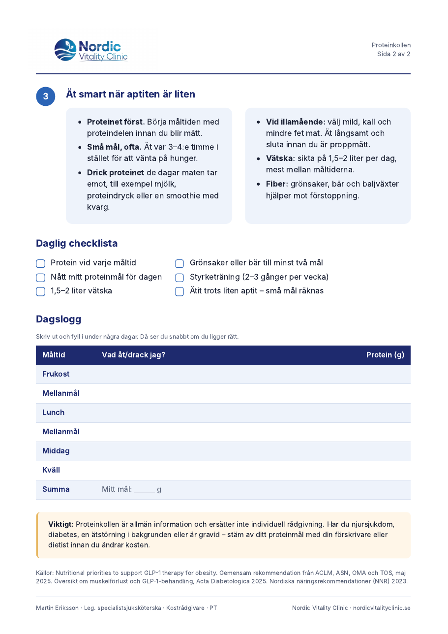 Proteinkollen, sida 2: daglig checklista och logg